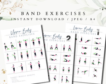 May include: Two printable workout guides for upper and lower body exercises using a resistance band. The guides feature illustrations of the exercises and target muscle groups.