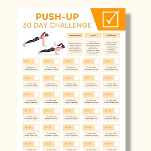 Peut inclure: Un tableau de défi de pompes de 30 jours avec une femme faisant une pompe. Le tableau comporte 30 cases, chacune avec un numéro de jour et le nombre de pompes à faire ce jour-là. Le tableau comprend également des instructions pour un alignement correct, un contrôle et une modification.