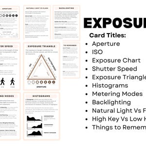 May include: A set of printable cards with information about photography exposure settings. The cards include titles such as "Aperture", "ISO", "Exposure Chart", "Shutter Speed", "Exposure Triangle", "Histograms", "Metering Modes", "Backlighting", "Natural Light Vs Flash", "High Key Vs Low Key", and "Things to Remember".