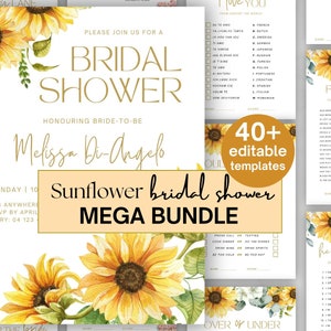 May include: A printable bridal shower game bundle with a sunflower theme. The bundle includes 40+ editable templates with games like "Find the Guest", "He Said She Said", and "Over and Under".