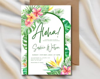 May include: White invitation card with a tropical floral design, featuring the word "Aloha!" in green script. The card includes details for a bridal shower, with a brown envelope in the background.