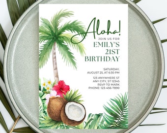 Green Floral Hawaiian Birthday Invitation Template (Digital Download)