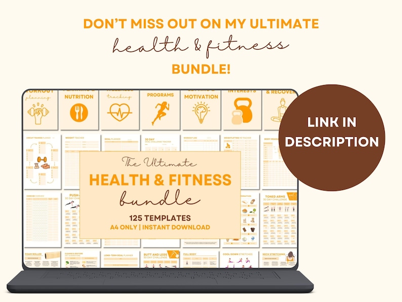 May include: A laptop screen displaying a digital product bundle for health and fitness. The bundle includes 125 templates in A4 size and is available for instant download. The text on the screen reads "The Ultimate HEALTH & FITNESS bundle 125 TEMPLATES A4 ONLY | INSTANT DOWNLOAD".