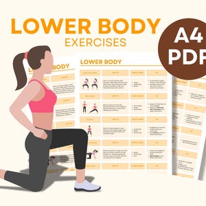 Puede incluir: Una guía de ejercicios para la parte inferior del cuerpo en formato PDF A4 imprimible. La guía presenta ilustraciones de diferentes ejercicios e incluye instrucciones para cada movimiento. La guía está diseñada para ayudar a las personas a mejorar la fuerza y ​​la forma física de la parte inferior del cuerpo.