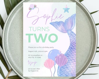 Editable Mermaid Birthday Invitation Template, Kids Party (Digital Download)