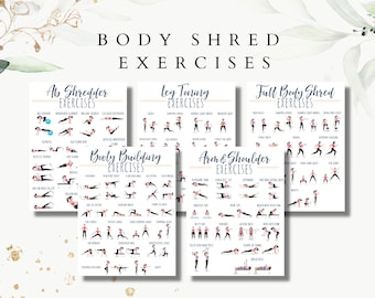 Full body Exercises, body shred guide, fitness exercises, ab exercises, booty exercises, leg exercises, arm and shoulder exercises, healthy