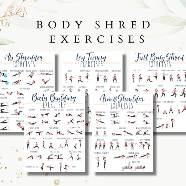 Full body Exercises, body shred guide, fitness exercises, ab exercises, booty exercises, leg exercises, arm and shoulder exercises, healthy