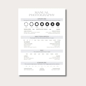 Manual Photography Cheat Sheet in grey, Exposure, ISO, Aperture, Shutter Speed, Learn Photography, Guide, Beginner, DSLR, Digital Download