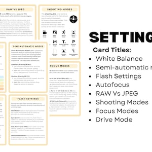 May include: A set of cards with titles for camera settings, including white balance, semi-automatic modes, flash settings, autofocus, RAW vs JPEG, shooting modes, focus modes, and drive mode.