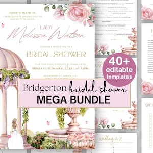 Puede incluir: Plantillas imprimibles para una despedida de soltera con temática de Bridgerton en un esquema de color rosa y verde con acentos florales. El texto dice "Bridgerton bridal shower mega bundle" y "40+ plantillas editables".