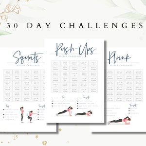 Fitness 30 Day Challenge Printable / Squat Challenge / Plank Challenge / Pushup Challenge / Fitness Exercises / Instant Download