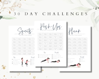 Fitness 30 Day Challenge Printable / Squat Challenge / Plank Challenge / Pushup Challenge / Fitness Exercises / Instant Download