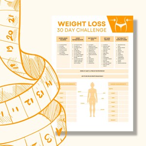 May include: A printable weight loss challenge guide with a 30-day plan. The guide includes a list of foods to avoid and eat, as well as a section for tracking measurements. The guide is illustrated with a yellow measuring tape and a stick figure.