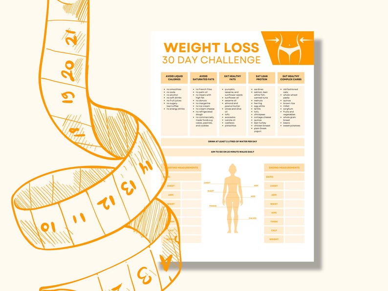 May include: A printable weight loss challenge guide with a 30-day plan. The guide includes a list of foods to avoid and eat, as well as a section for tracking measurements. The guide is illustrated with a yellow measuring tape and a stick figure.