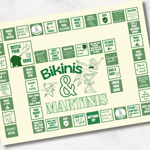 Printable &#39;Bikinis & Martinis&#39; Bachelorette Party Game Board | Fun Hen Party Drinking Game | Editable Canva Template | Digital Download
