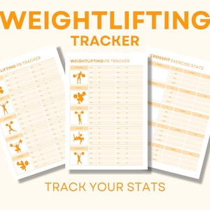 Pode incluir: Três rastreadores de treino imprimíveis para levantamento de peso e CrossFit. Os rastreadores são projetados com texto laranja e silhuetas de pessoas levantando pesos. O texto nos rastreadores diz "Weightlifting PB Tracker" e "CrossFit Exercise Stats".