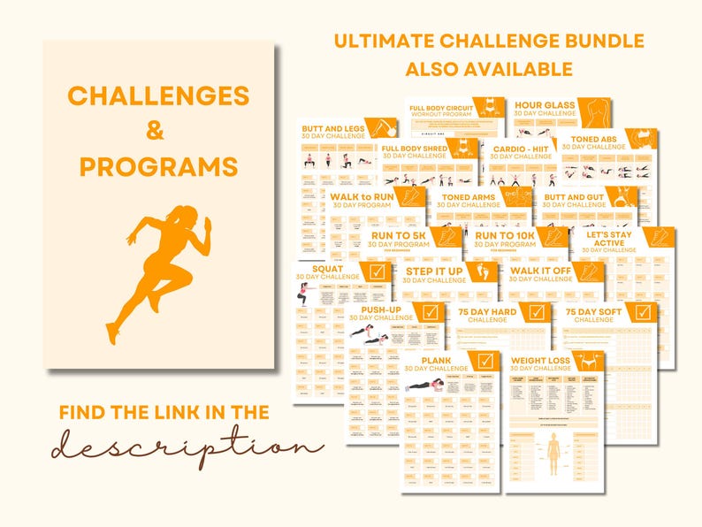 May include: A collection of 16 printable workout challenge cards with a variety of fitness programs, including squats, push-ups, planks, and cardio. The cards are yellow and white with a checkmark icon and the text "ULTIMATE CHALLENGE BUNDLE ALSO AVAILABLE".