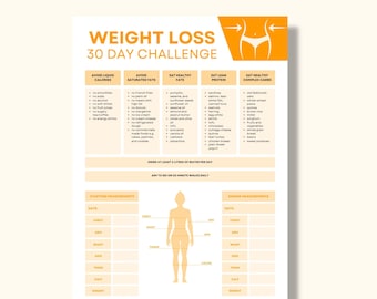 May include: A printable weight loss challenge guide with a 30-day plan. The guide includes a list of foods to avoid and eat, as well as a section for tracking starting and ending measurements.