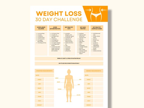 30-Day Weight Loss Challenge Template - Includes Foods to Eat and to Avoid | Track your Body Measurements | Fitness Printable | PDF