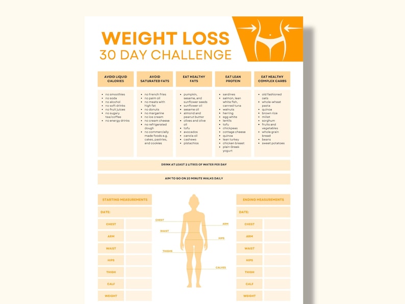 30-day Weight Loss Challenge Template - Includes Foods to Eat and to ...