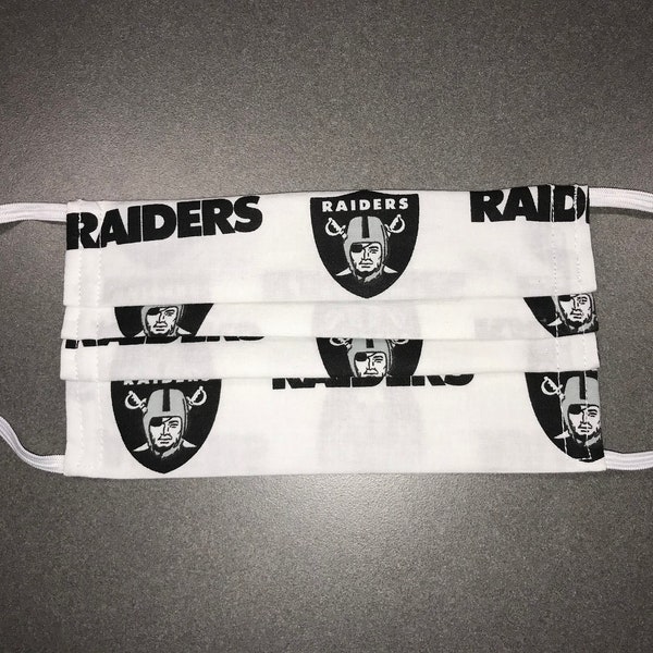 Oakland Raiders Pleated Pocket Filter Nose Wire Face Mask, 100% Cotton Fabric-Made in USA, Reusable-Washable, Elastic Ear Straps, Adult Mask