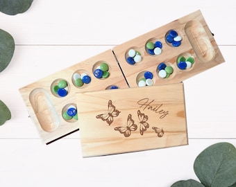 Custom Butterfly Theme Mancala Board Game Gift Set  - Folding Personalized Mancala Board, Birthday Gift, Mothers Day Gift, Fathers Day Gift