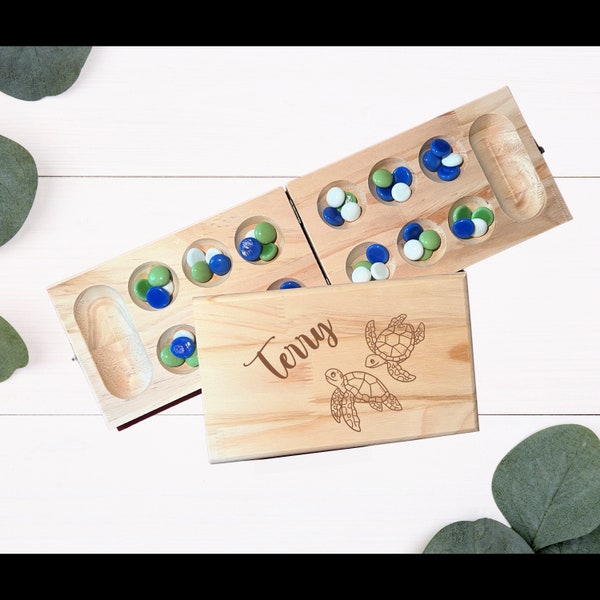 Custom Turtle Theme Mancala Board Game Gift Set- Folding Personalized Mancala Board, Birthday Gift, Mothers Day, Fathers Day Gift, Christmas