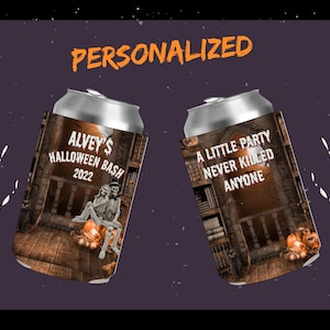 Läskig Halloween-burkkylare, hopfällbara burkkylare, läskiga skelett-Halloween-burkkylare + anpassade namn och datum | Tryck i fyrfärg