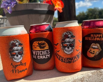 Halloween Koozie , Can Cooler, Momster, Spooky Mom, Leopard Tongue  Halloween Neoprene Collapsible Can coolers Singles or Set of 4
