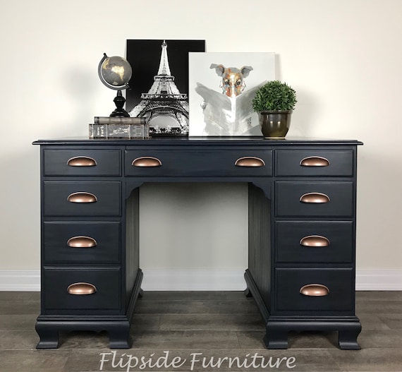 Sold 8 Drawer Desk By Ethan Allen Painted Dark Blue With Etsy