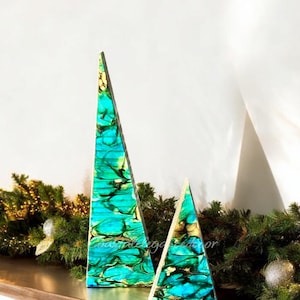 Handcrafted Contemporary Chunky Wood and Resin Contemporary Mantel Christmas Triangle Trees Holiday Decoration