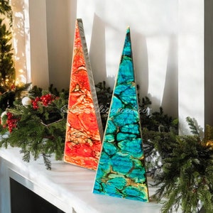 Handcrafted Contemporary Chunky Wood and Resin Contemporary Mantel Christmas Triangle Trees Holiday Decoration Blue or Red Large