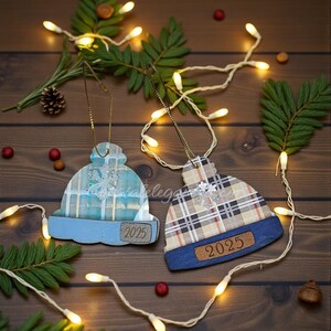 2025 Keepsake Beanie Hat Ornament with Leather Date Patch blue or Tan