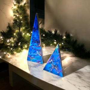 Handcrafted Contemporary Chunky Wood and Resin Contemporary Mantel Christmas Triangle Trees Holiday Decoration Blue 2 sizes
