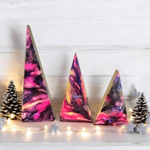 Pink and Purple Handcrafted Contemporary Chunky Wood and Resin Contemporary Mantel Christmas Triangle Trees Holiday Decoration