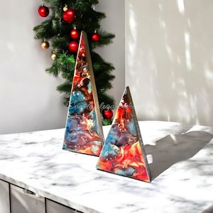 Handcrafted Contemporary Chunky Wood and Resin Contemporary Mantel Christmas Triangle Trees Holiday Decoration Red and Blue 2 sizes