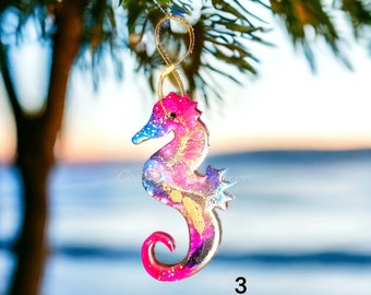 Coastal Sparkly Seahorse Resin and Wood Beachy Ornaments