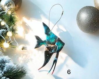 Handmade Colorful Angel Fish Christmas Ornament Resin on Wood Multi Colors