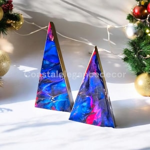 Handcrafted Contemporary Chunky Wood and Resin Contemporary Mantel Christmas Triangle Trees Holiday Decoration Blue Pink 2 sizes