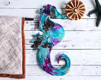 Colorful Resin and Wood Seahorse Beachy Wall Decoration 12 Inch