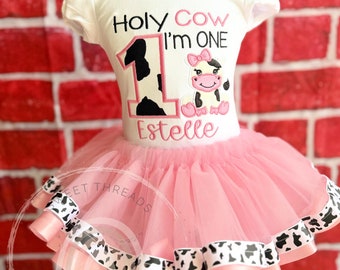 Holy Cow I'm One Birthday Outfit | Pink Tutu, Embroidered Cow Shirt
