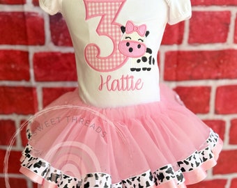 Girls Pink Cow Birthday Tutu Outfit | Double Ribbon Trim Tutu | Any Age | Embroidered Shirt