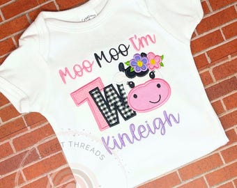Personalized Embroidered Cow Birthday Shirt | Moo Moo I'm Two Outfit