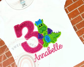 Personalized Girl Dragon Birthday Shirt | Embroidered Glitter Tee