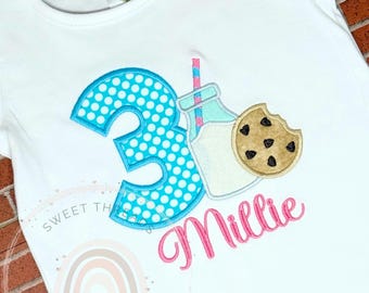 Camiseta de cumpleaños con texto "Leche y galletas" / Camiseta bordada personalizada para niñas