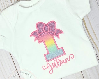 Rainbow Bow Birthday Shirt | Number Bow With Name Birthday Shirt | Pastel Bow Birthday Shirt | Bow Birthday Shirt