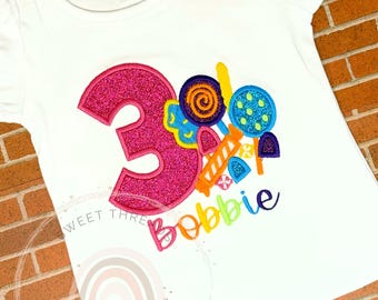 Girls Candy Birthday Embroidered Shirt | Personalized Donut Theme