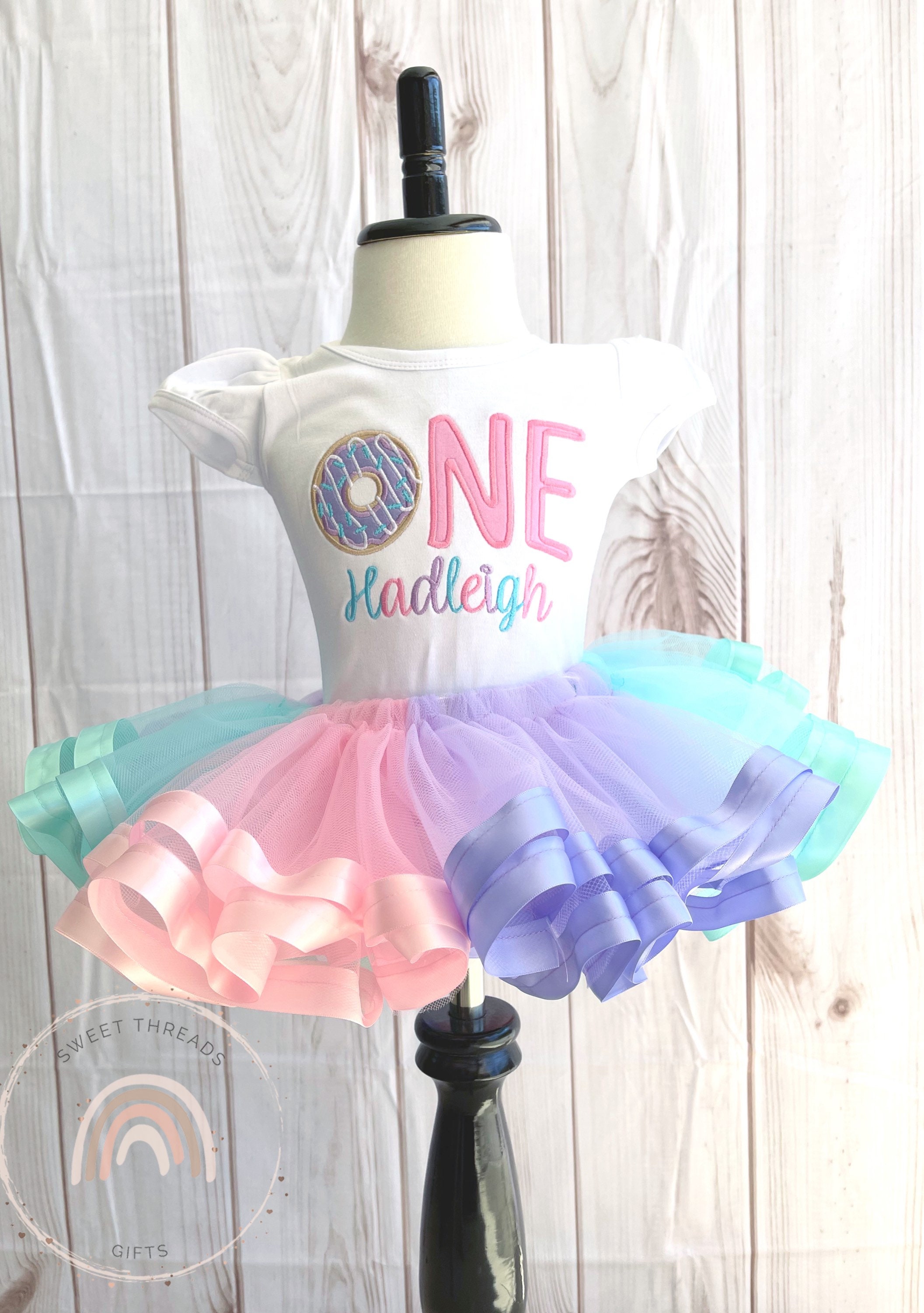 Donut First Birthday Tutu Outfit | Embroidered Shirt Pastel Ribbon Trim Aqua Pink Purple