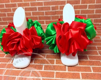 Red and Green Ruffled Ankle Tutus | Christmas Ribbon Anklets