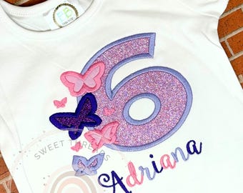 Butterfly Birthday Shirt | Embroidered Girls Pink And Purple Glitter | Any Age
